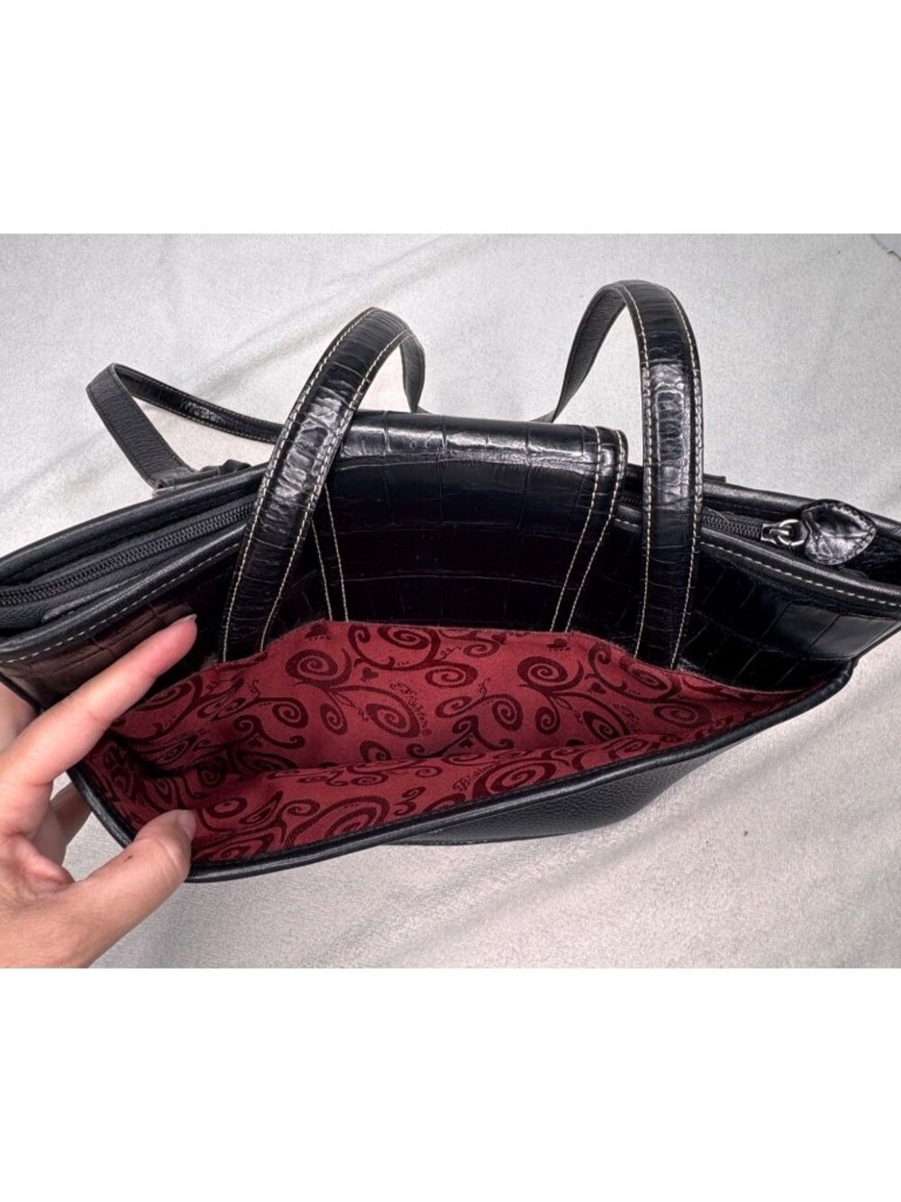 Brighton Black Leather Classic Tote Bag Basket Weave Front Panel Croc Trim - Picture 4 of 15